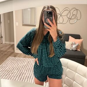 Auden Flannel Pajama Set Green Mini Check Long Sleeve Shirt & Shorts